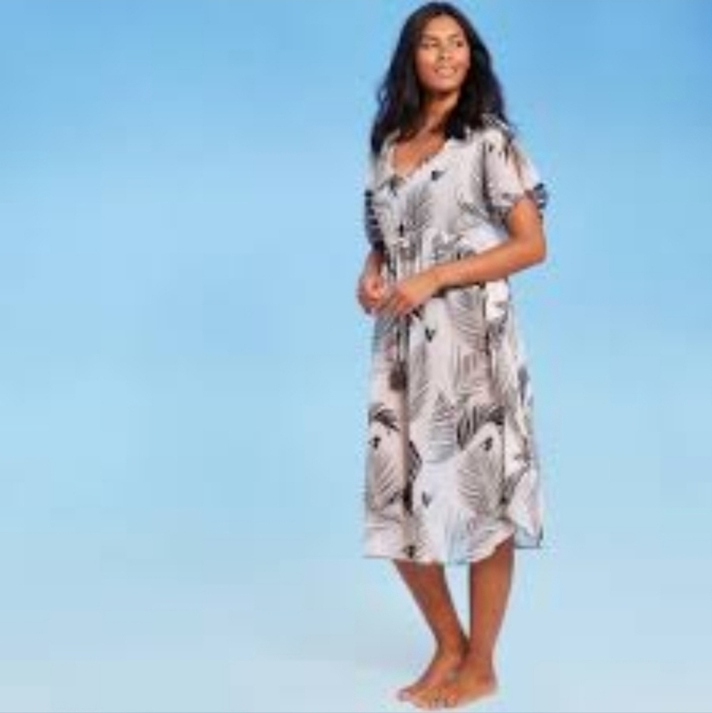 Konami Sol Cream Leaf Printed Sheer V-Neck Beach Dress - Size Large